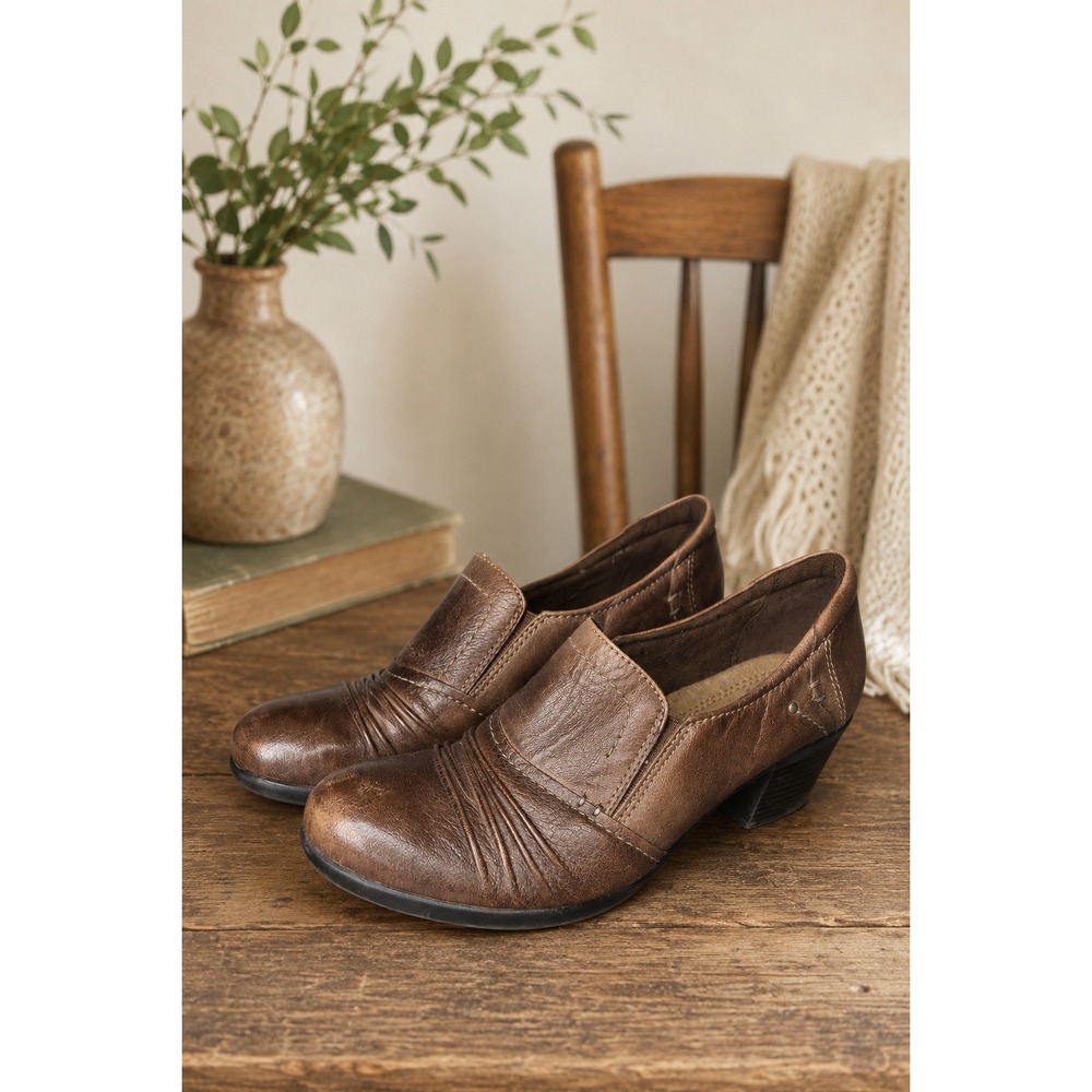 Brown Leather Pleated Comfort Heels Loafers Chunky Heel Women's Size 10
